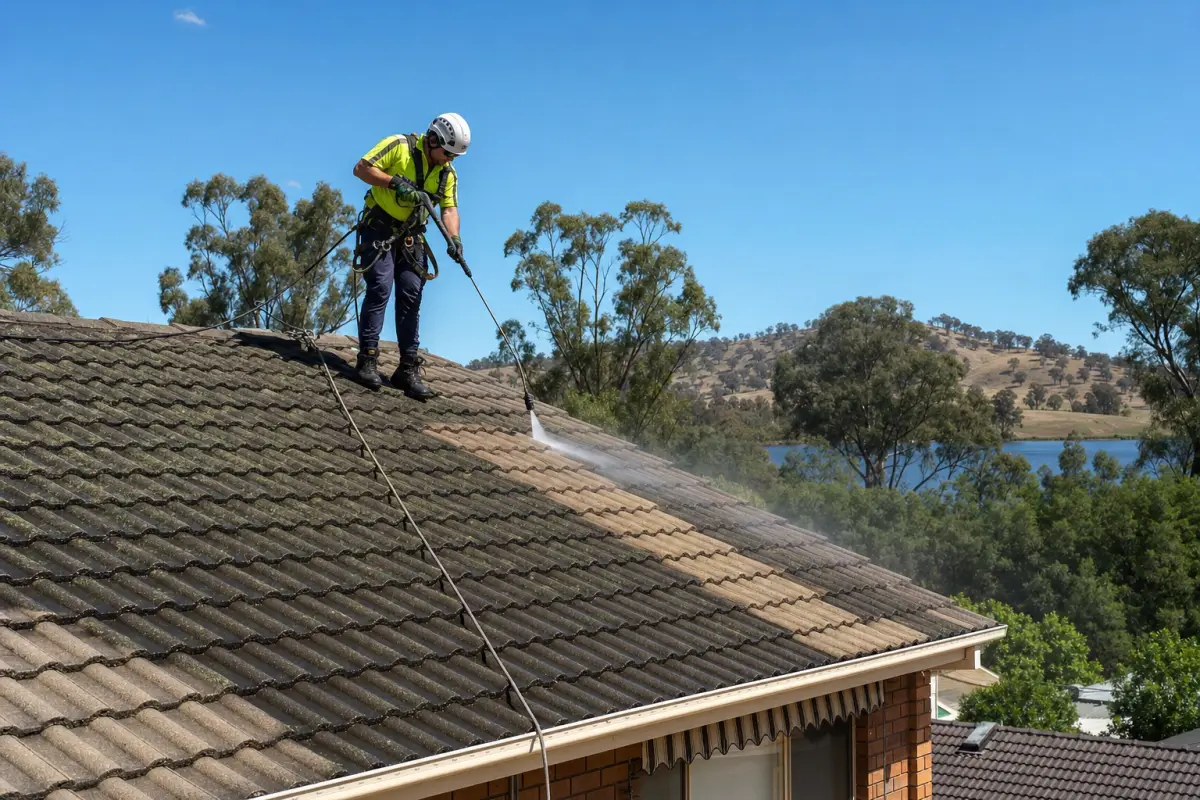 Roofer pressure-cleaning a weathered concrete tile roof — removing moss and lichen on a residential property in Albury and Wodonga
