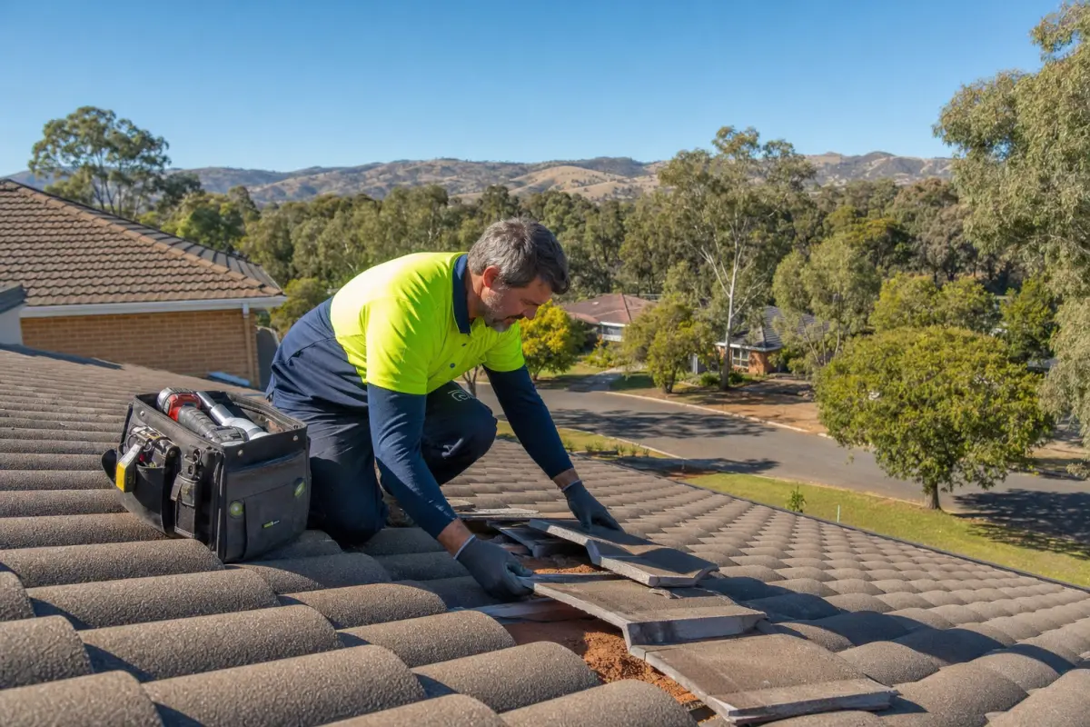 Roofer replacing a cracked concrete tile on a residential roof in Albury and Wodonga — tile repair work in progress